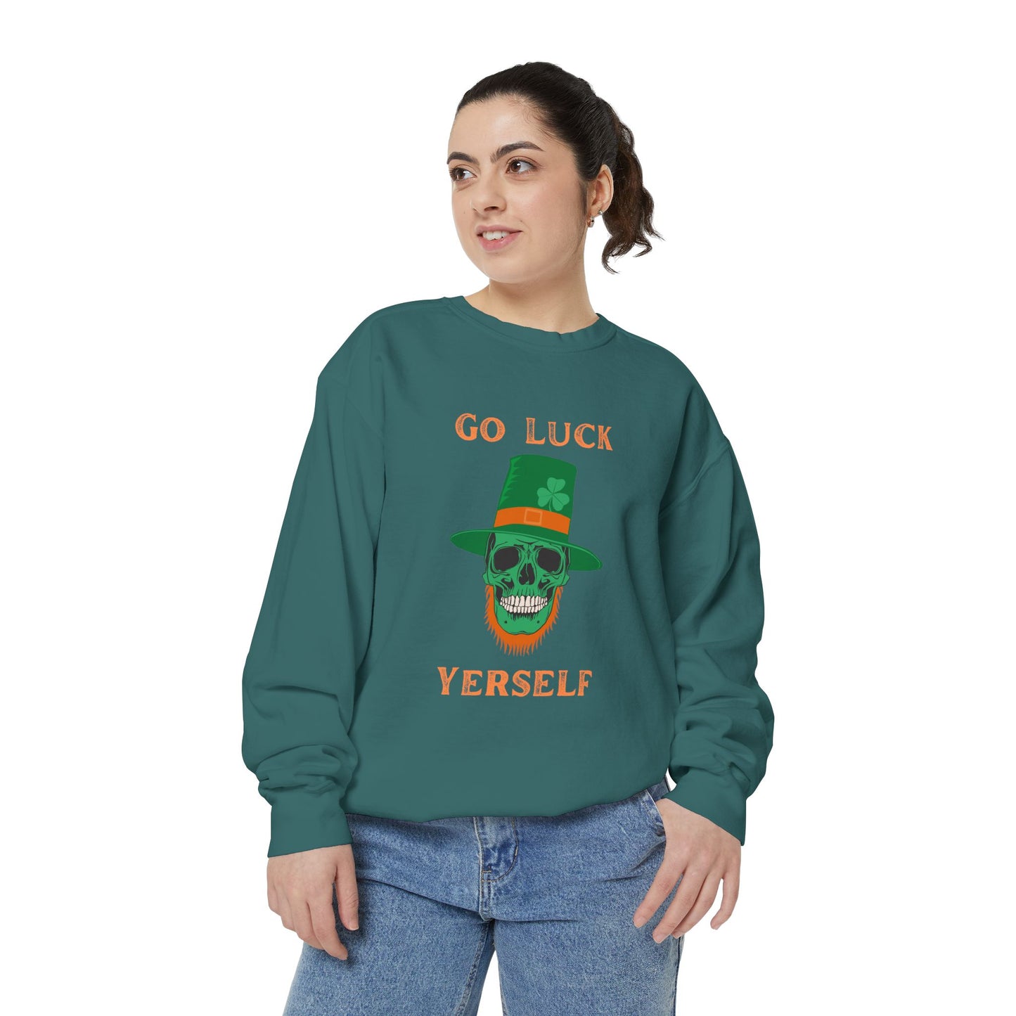 "Go Luck Yerself" Relaxed Fit Sweatshirt – Vintage Emerald Skull