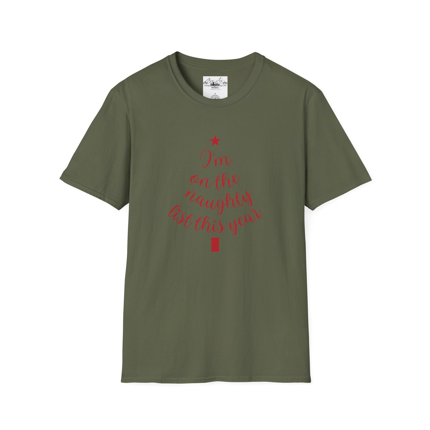 "I'm on the Naughty List This Year" — Subtle Tree-Shaped Script T-Shirt