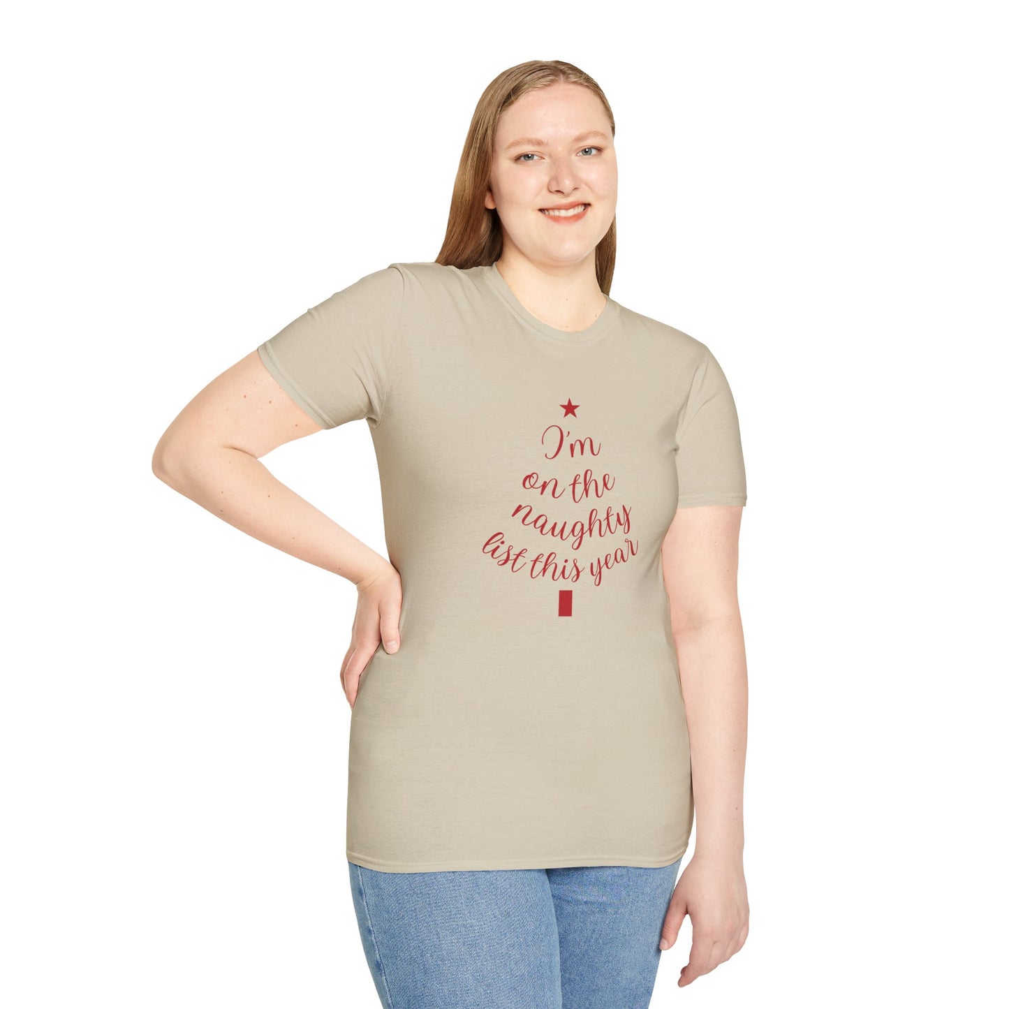 "I'm on the Naughty List This Year" — Subtle Tree-Shaped Script T-Shirt