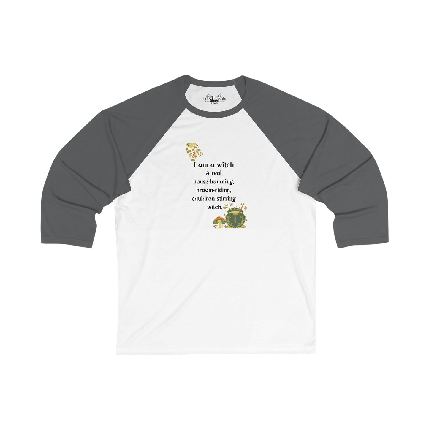 The Real Witch Cauldron & Broom 3/4 Sleeve Baseball Tee
