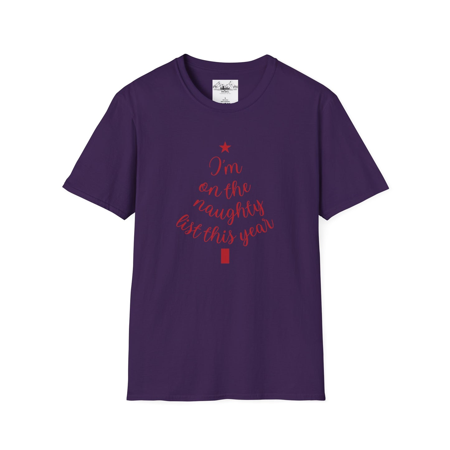"I'm on the Naughty List This Year" — Subtle Tree-Shaped Script T-Shirt