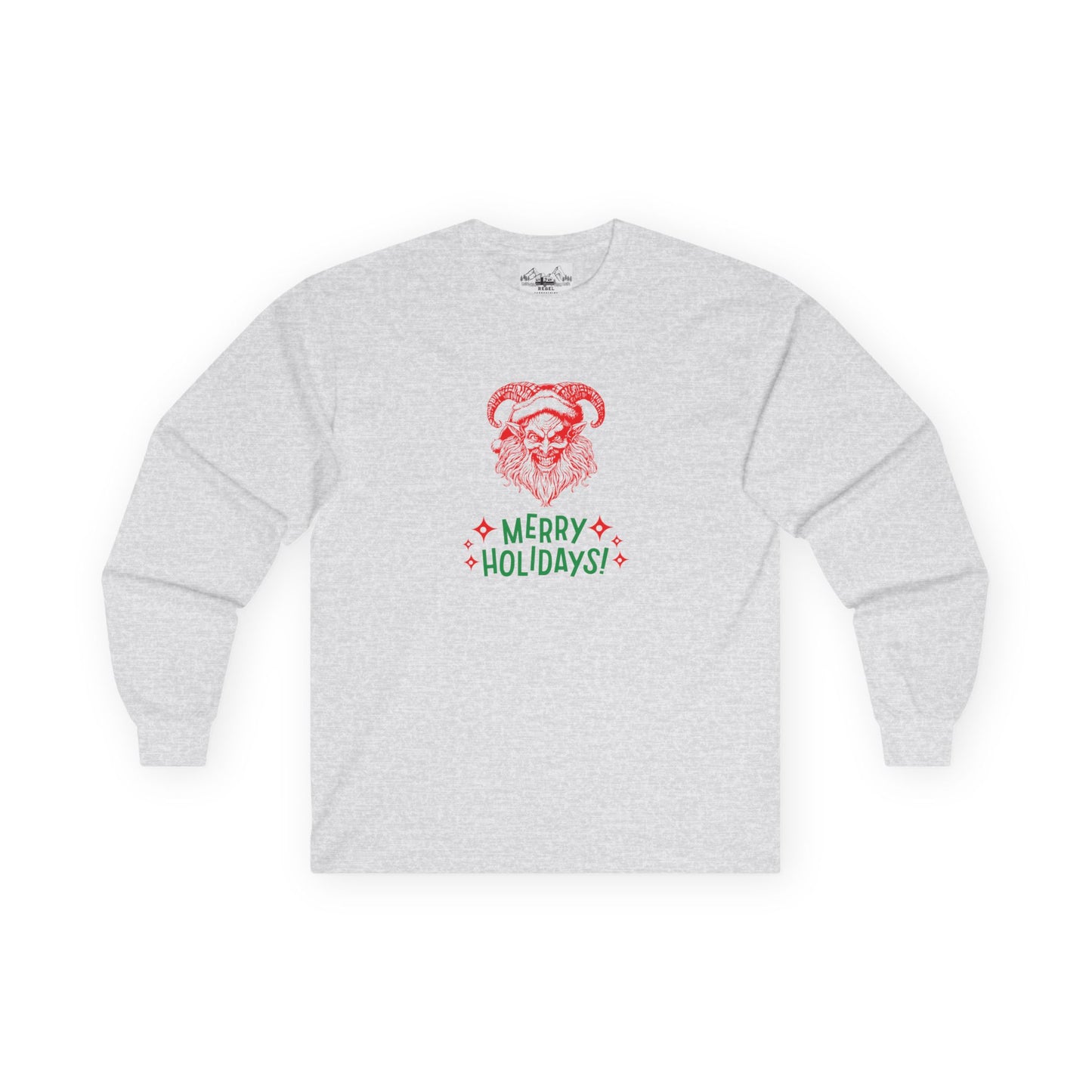 Smiling Krampus "Merry Holidays" Vintage Long Sleeve Tee | Dark Holiday Humor