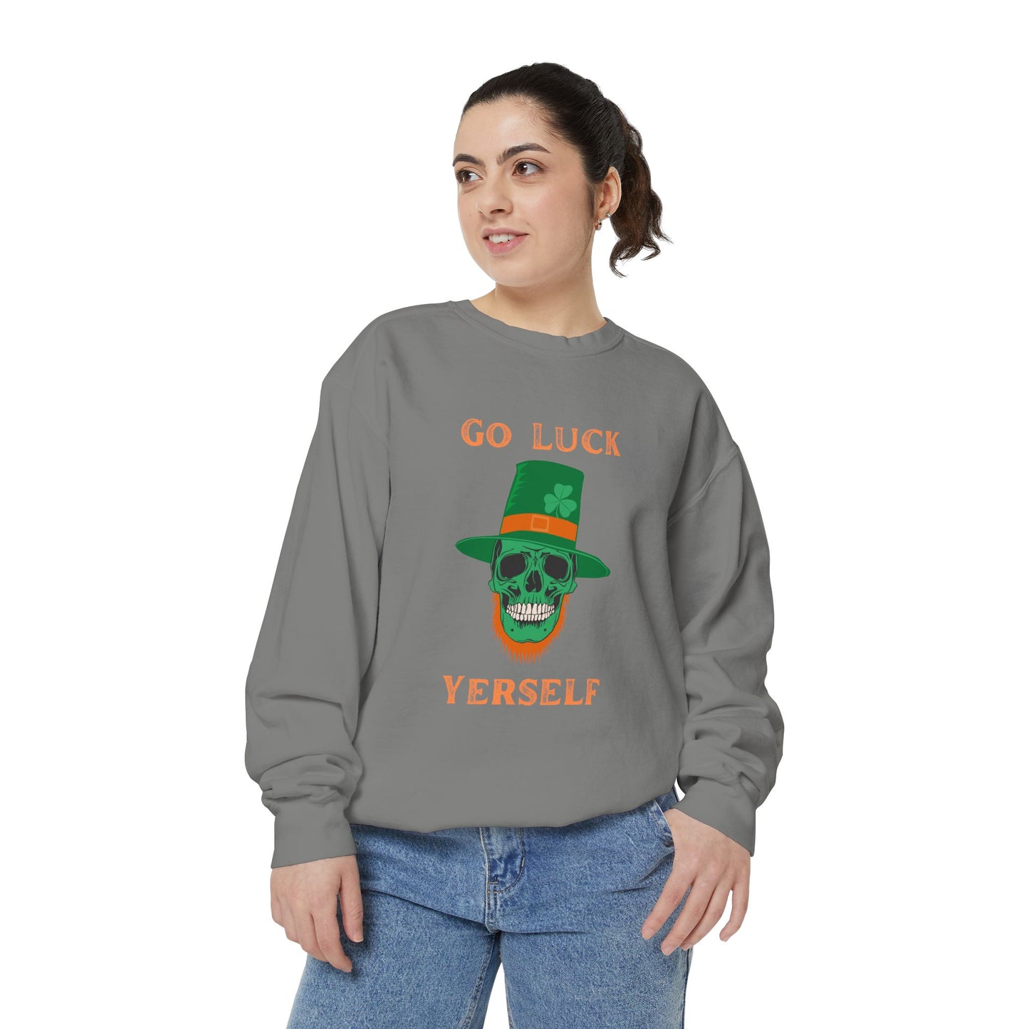 "Go Luck Yerself" Relaxed Fit Sweatshirt – Vintage Emerald Skull