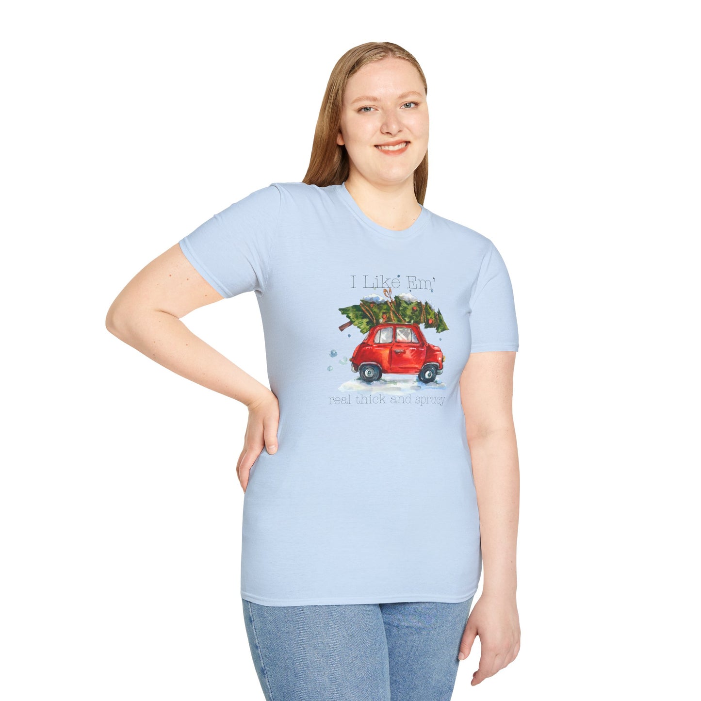 I Like 'Em Real Thick and Sprucy T-Shirt | Watercolor Retro Car & Tree