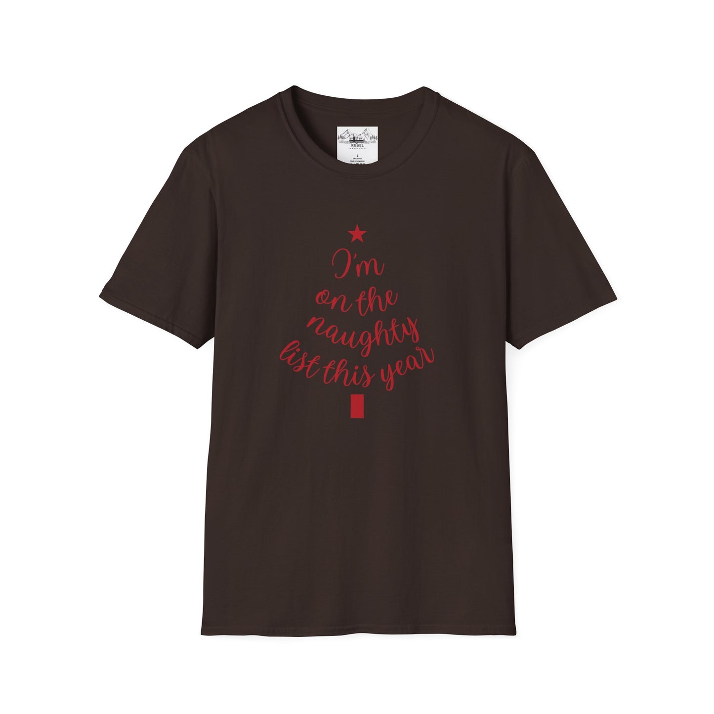 "I'm on the Naughty List This Year" — Subtle Tree-Shaped Script T-Shirt