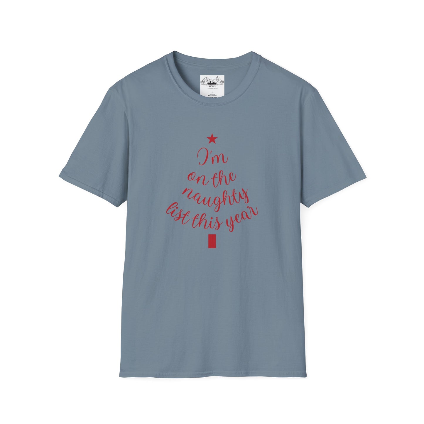 "I'm on the Naughty List This Year" — Subtle Tree-Shaped Script T-Shirt
