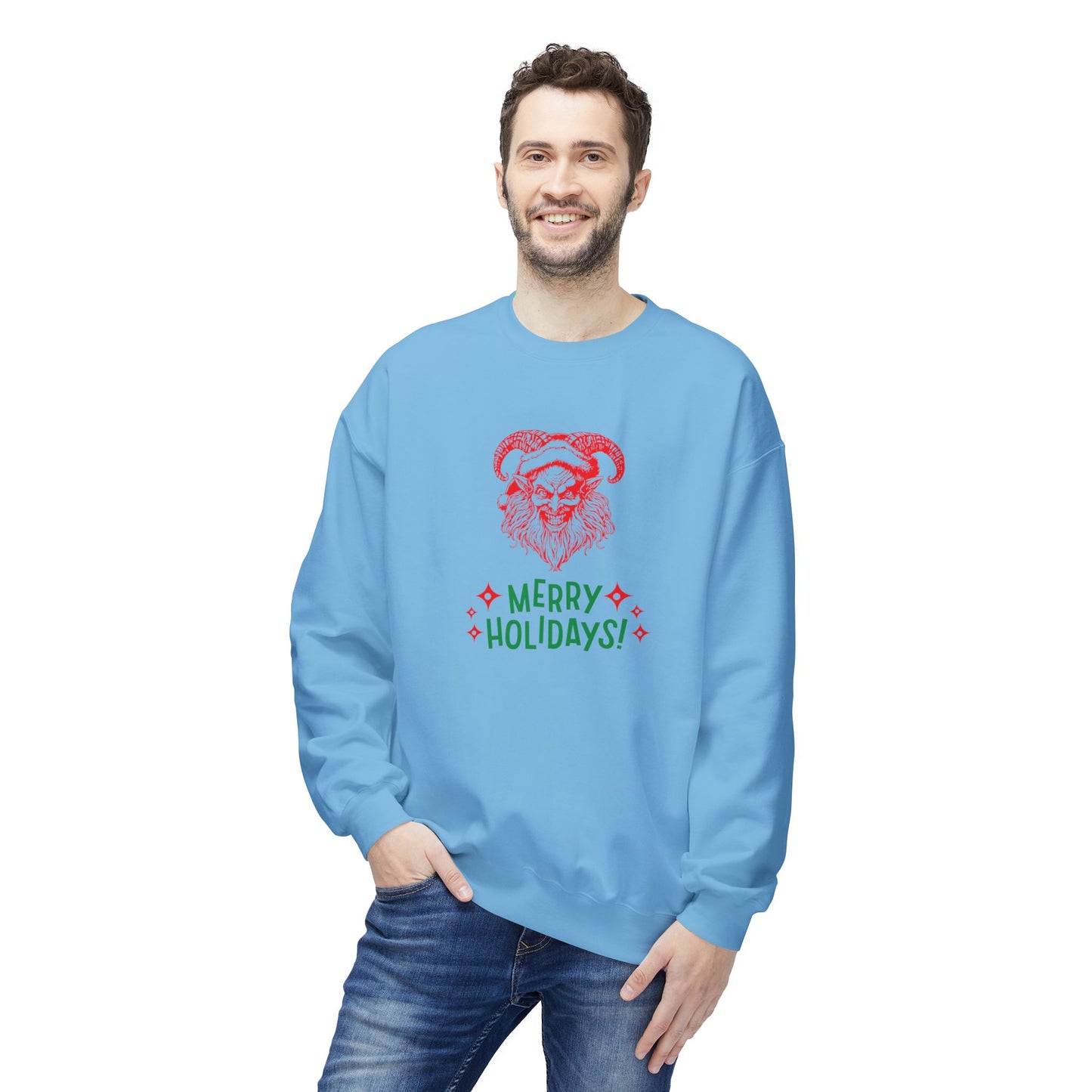 Smiling Krampus "Merry Holidays" Midweight Crewneck Sweatshirt | Cozy Fleece