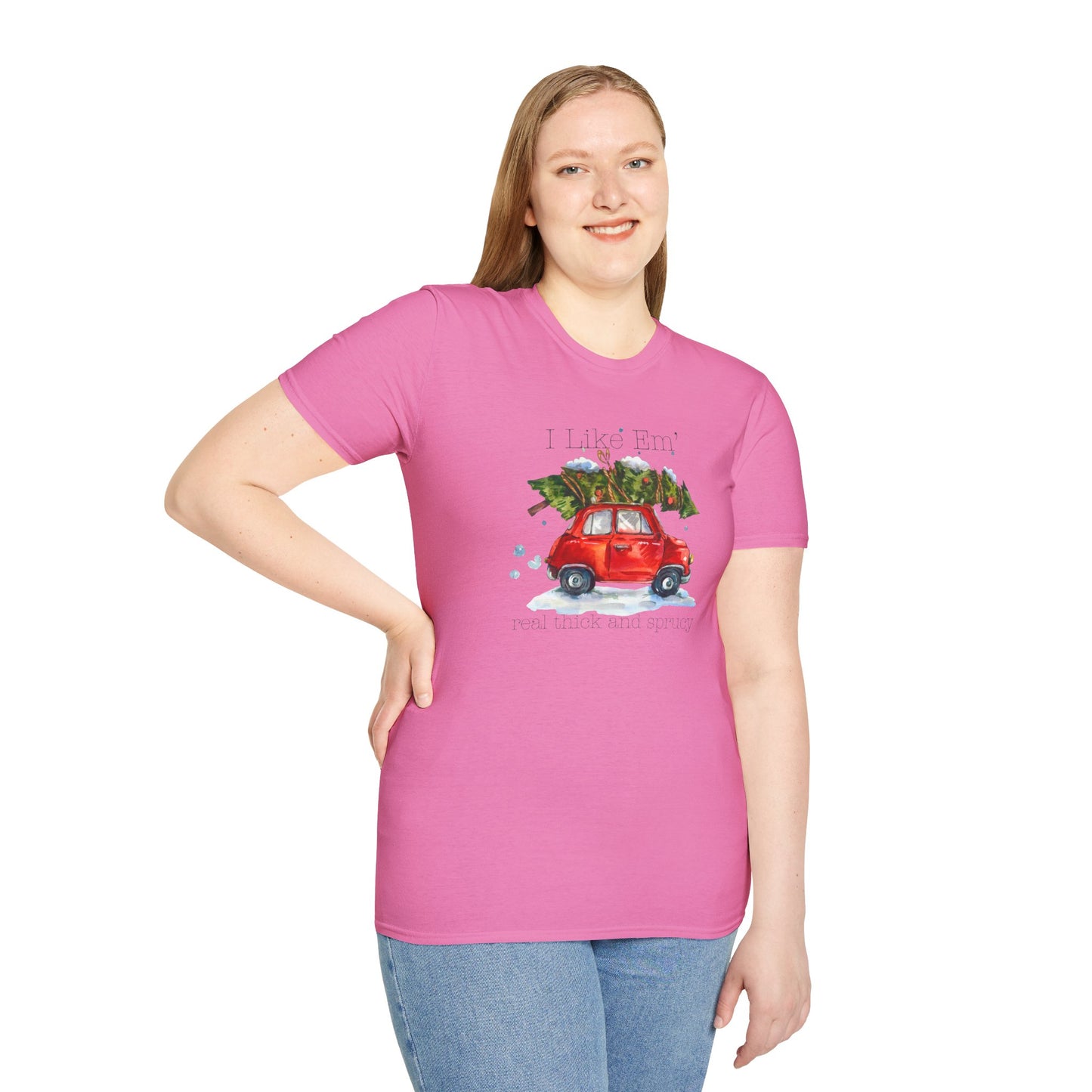 I Like 'Em Real Thick and Sprucy T-Shirt | Watercolor Retro Car & Tree