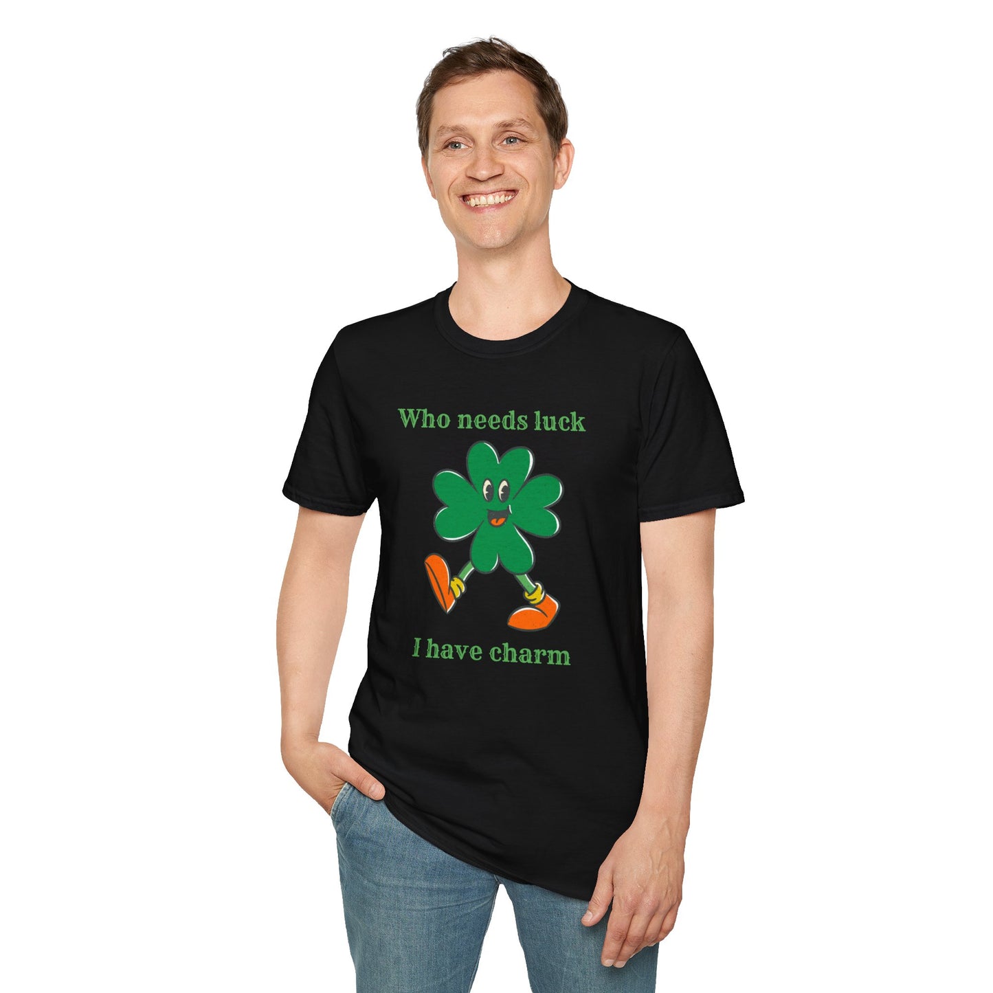 "Who Needs Luck" Graphic Tee – Cheerful Shamrock Character