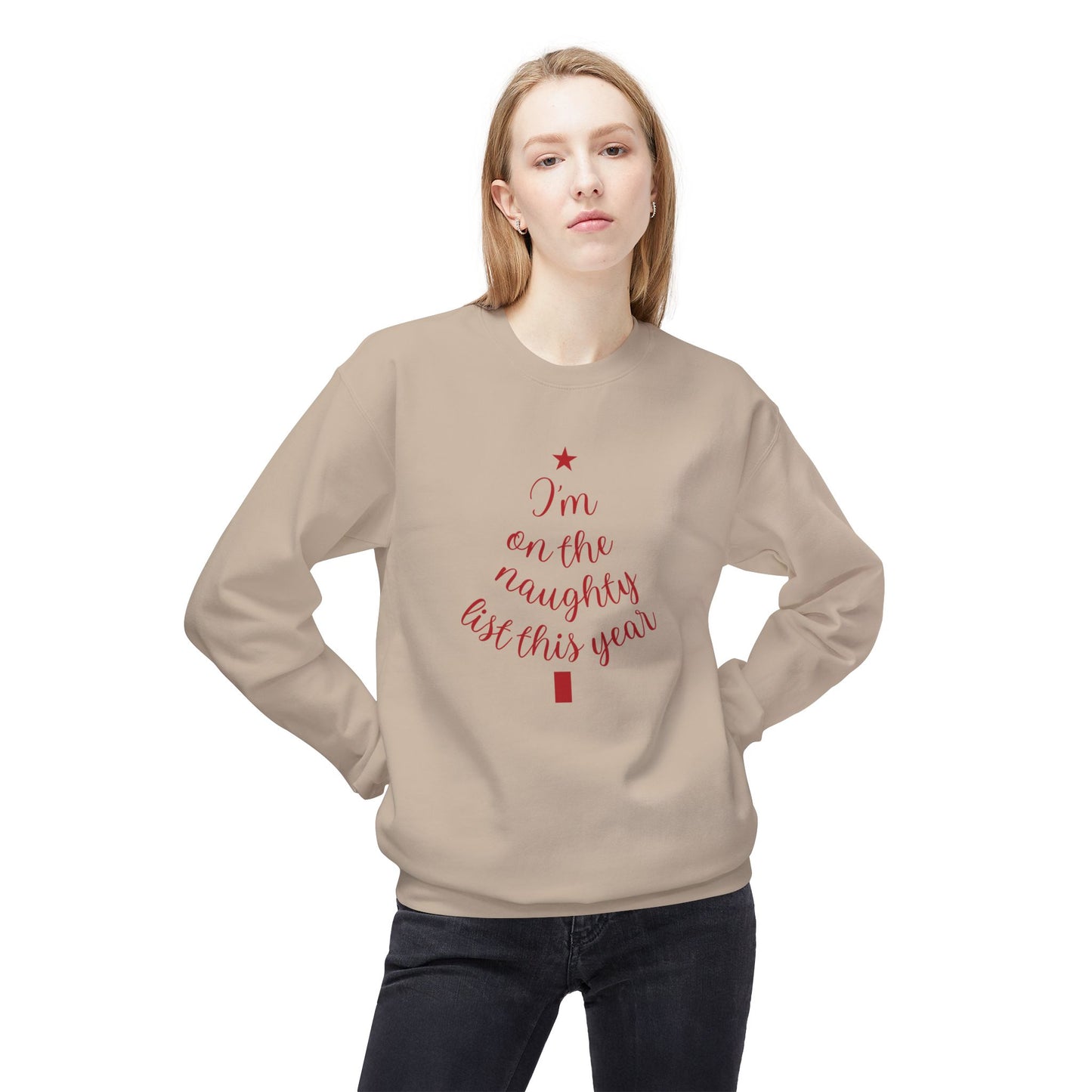 "Naughty List This Year" — Minimalist Tree Script Cozy Crewneck Sweatshirt
