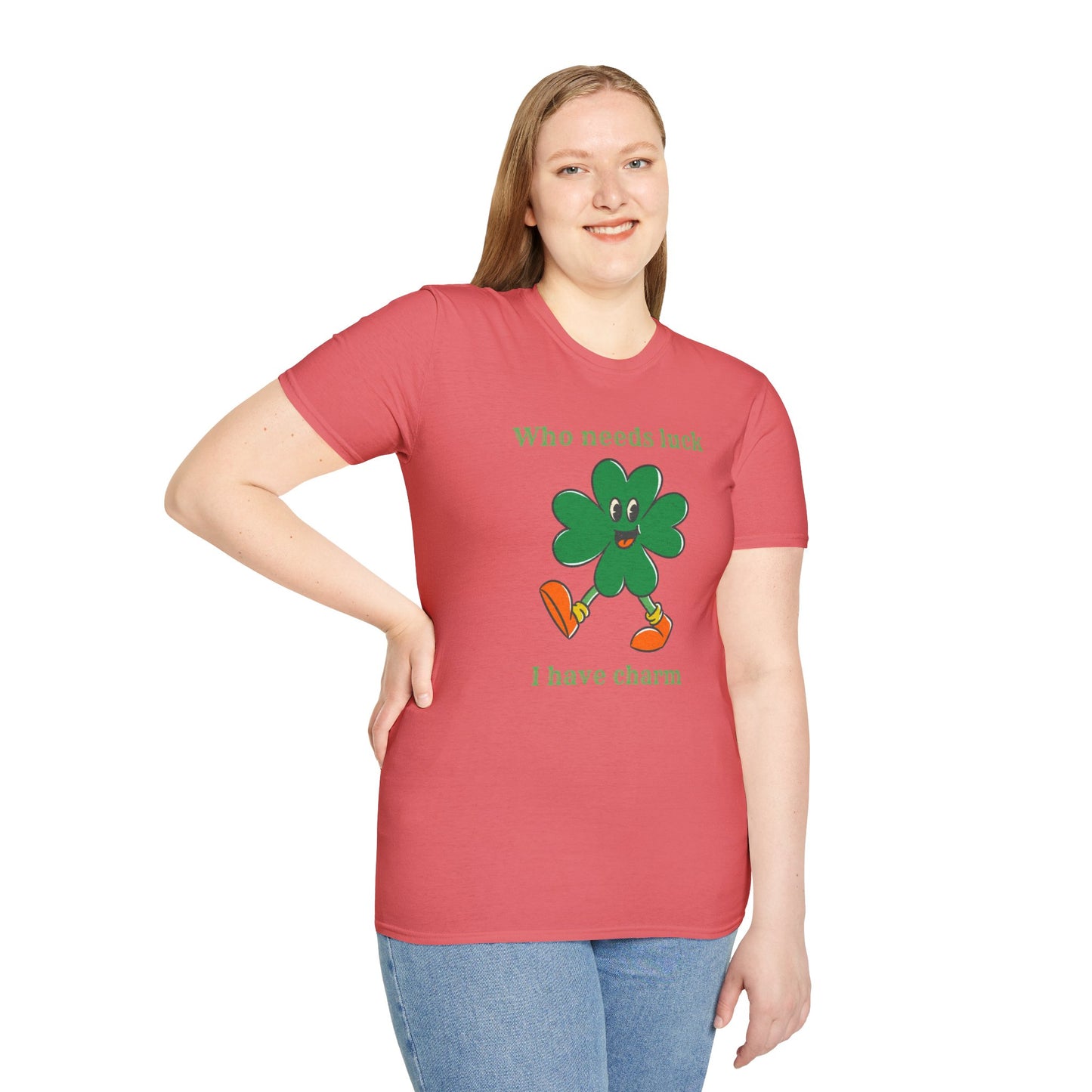 "Who Needs Luck" Graphic Tee – Cheerful Shamrock Character