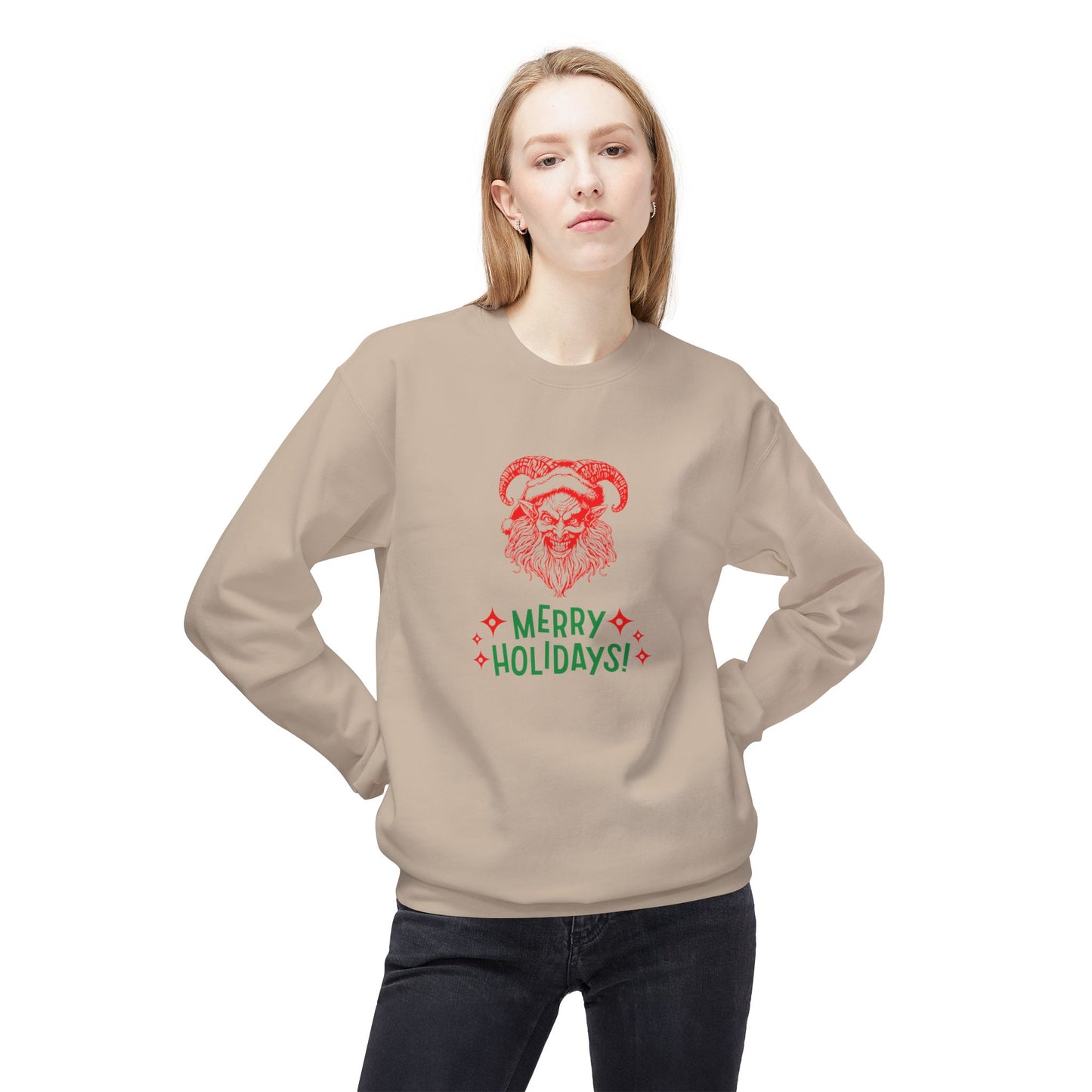 Smiling Krampus "Merry Holidays" Midweight Crewneck Sweatshirt | Cozy Fleece