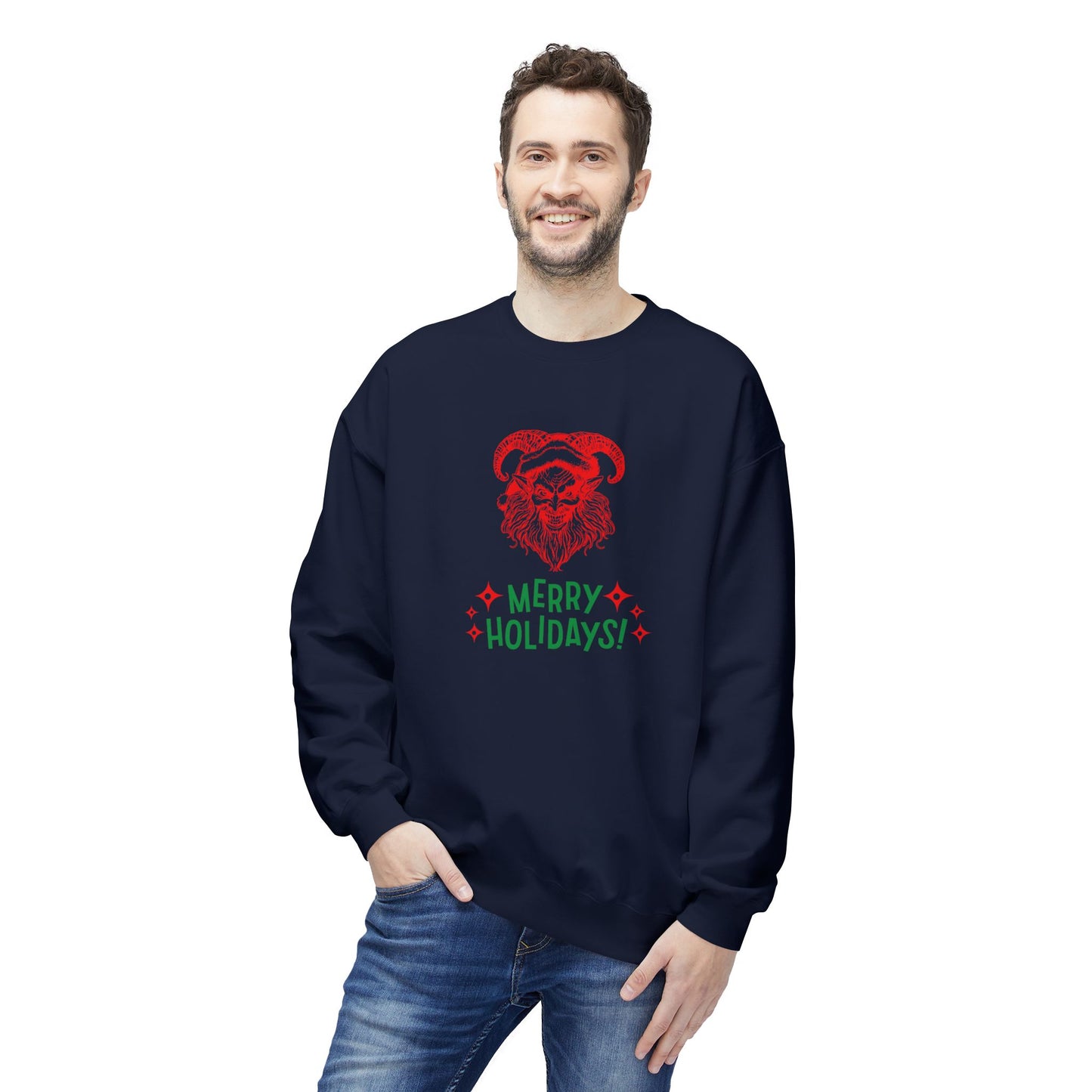 Smiling Krampus "Merry Holidays" Midweight Crewneck Sweatshirt | Cozy Fleece