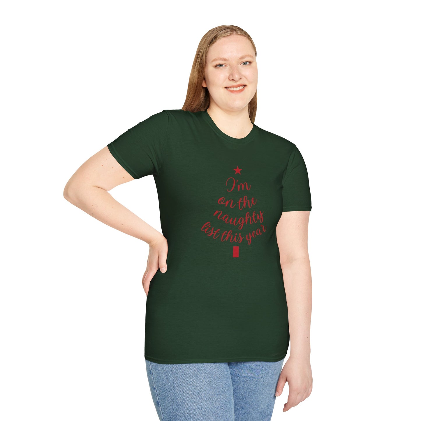 "I'm on the Naughty List This Year" — Subtle Tree-Shaped Script T-Shirt