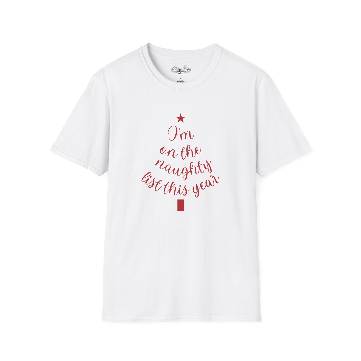 "I'm on the Naughty List This Year" — Subtle Tree-Shaped Script T-Shirt