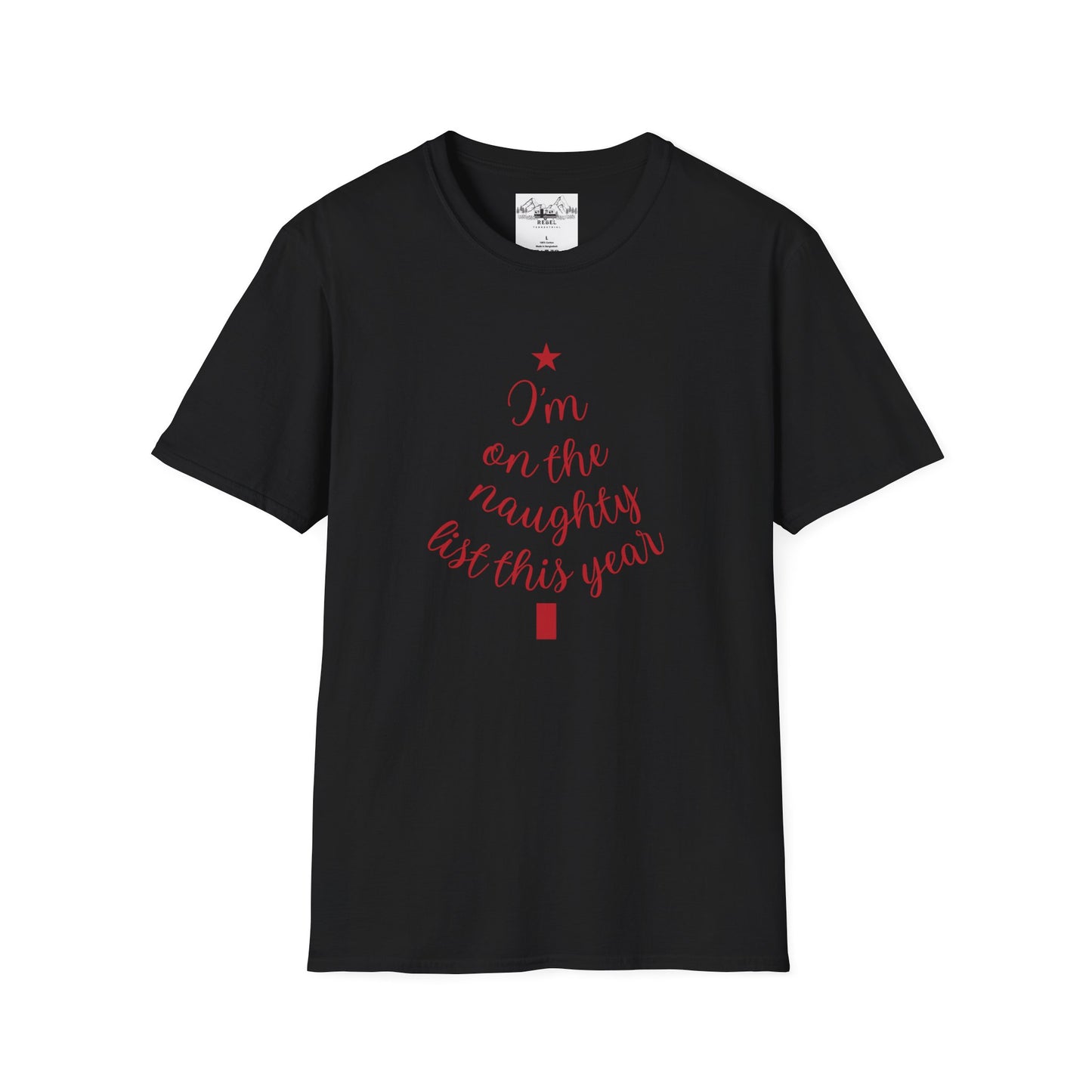 "I'm on the Naughty List This Year" — Subtle Tree-Shaped Script T-Shirt