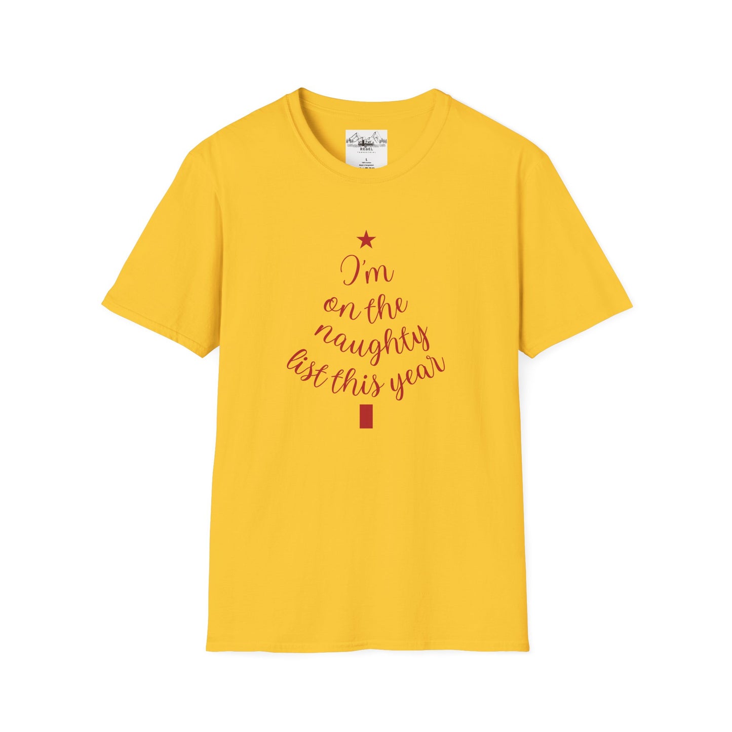 "I'm on the Naughty List This Year" — Subtle Tree-Shaped Script T-Shirt