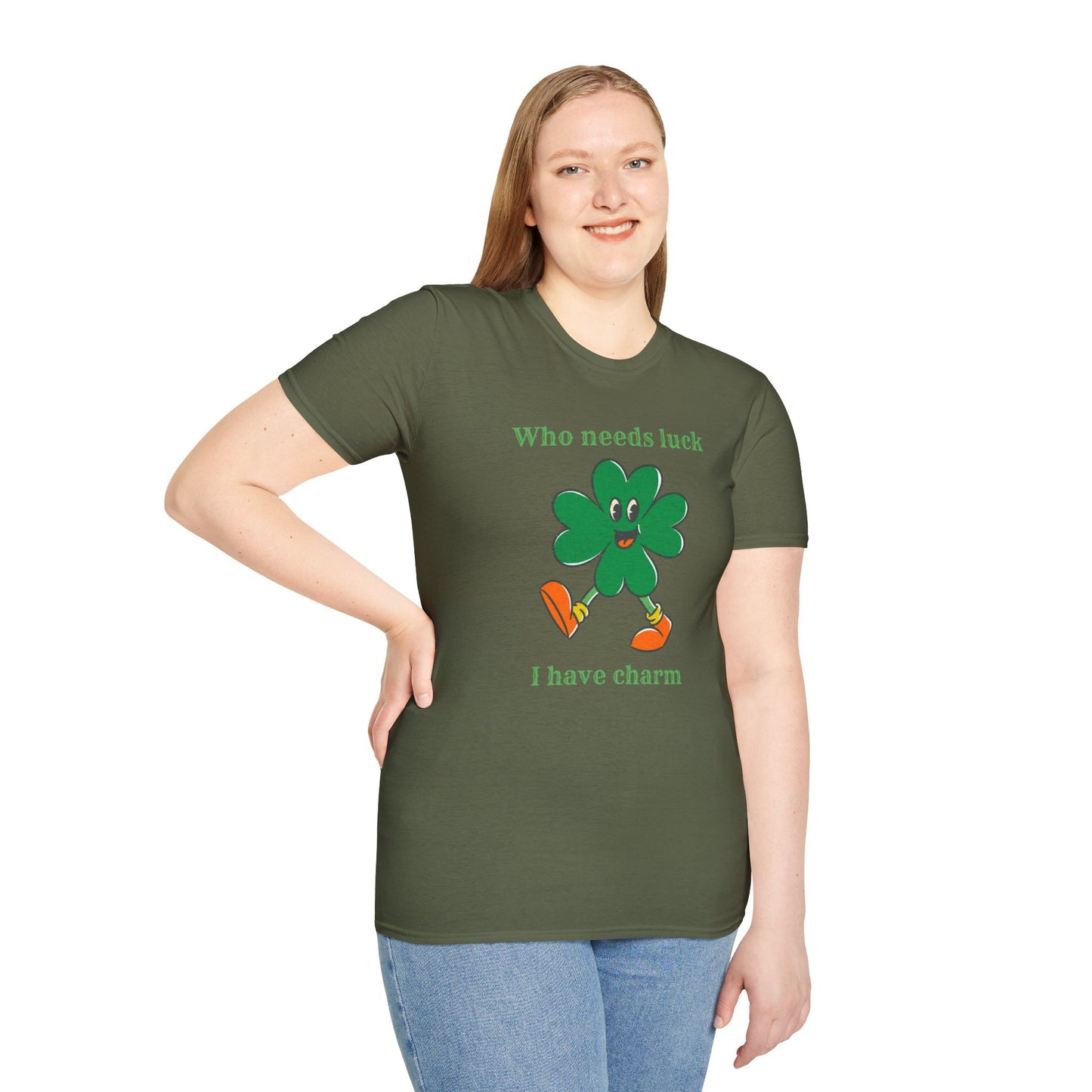 "Who Needs Luck" Graphic Tee – Cheerful Shamrock Character