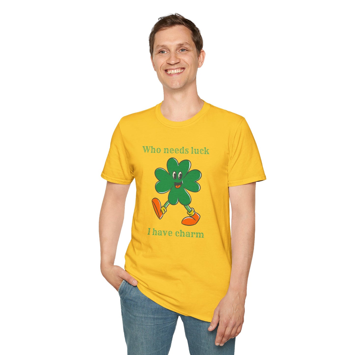 "Who Needs Luck" Graphic Tee – Cheerful Shamrock Character