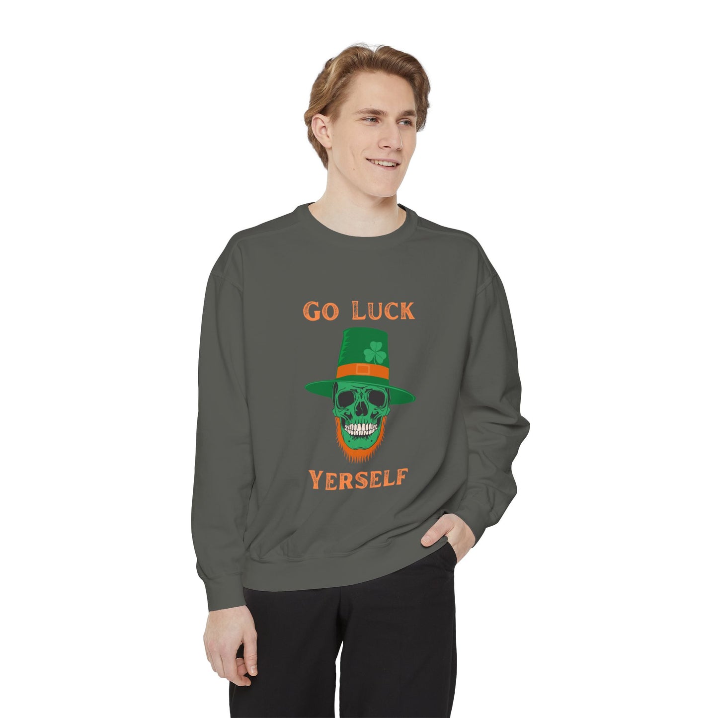 "Go Luck Yerself" Relaxed Fit Sweatshirt – Vintage Emerald Skull