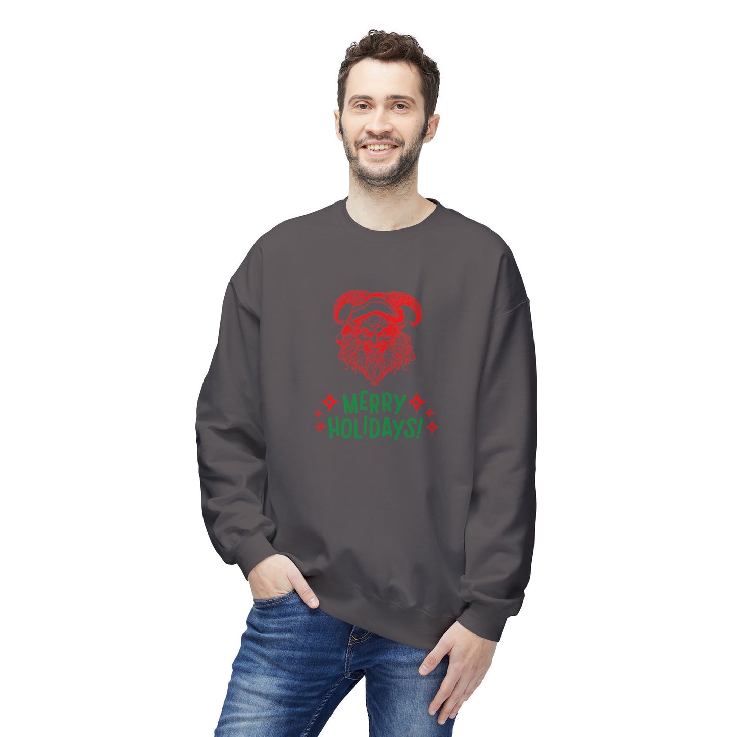 Smiling Krampus "Merry Holidays" Midweight Crewneck Sweatshirt | Cozy Fleece