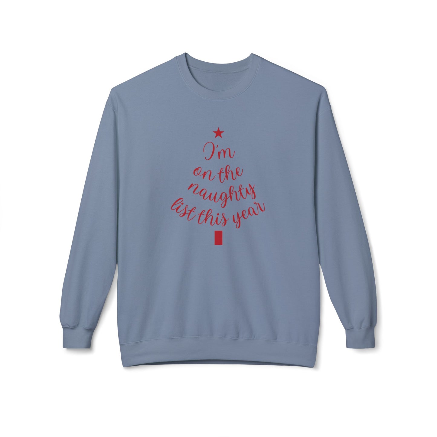 "Naughty List This Year" — Minimalist Tree Script Cozy Crewneck Sweatshirt