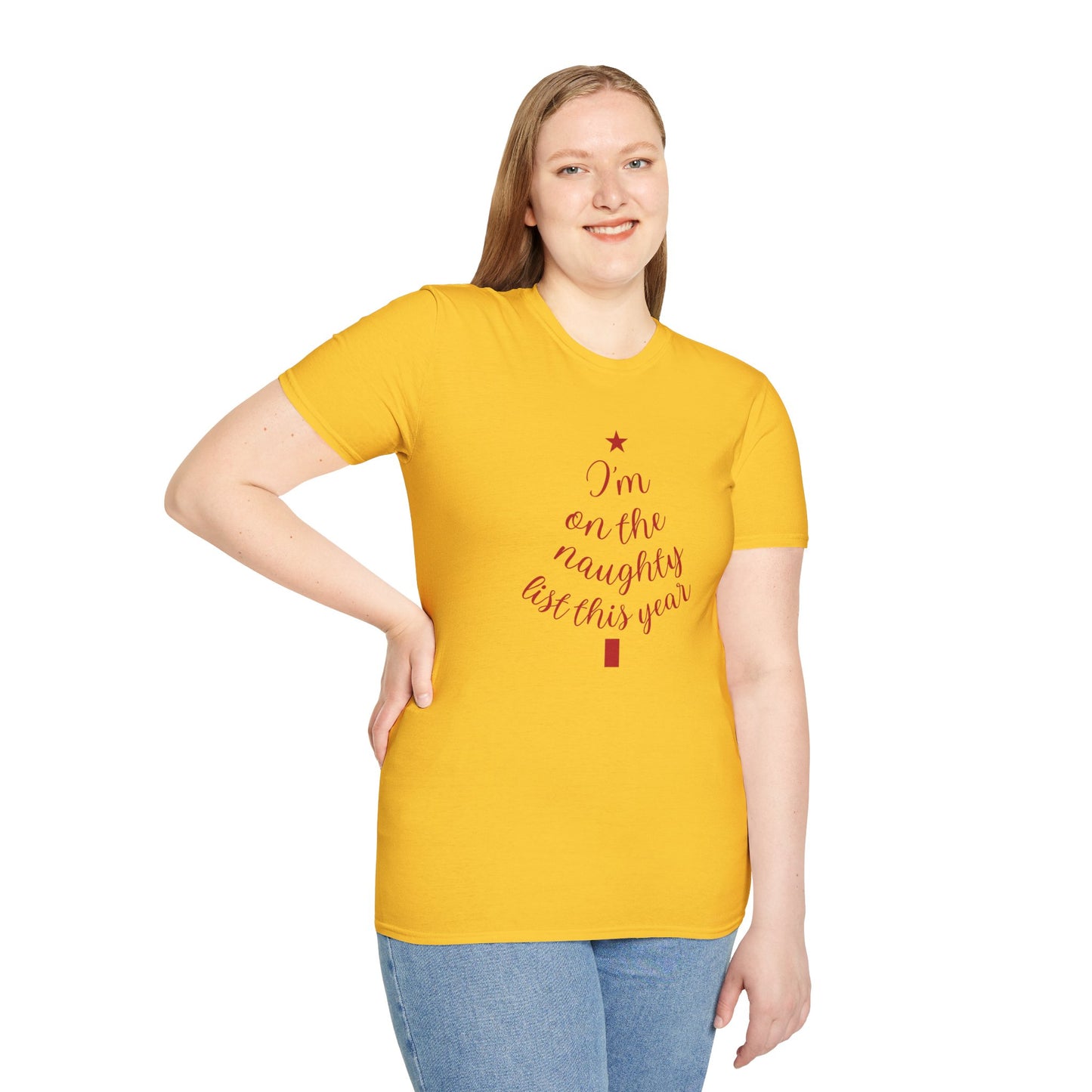 "I'm on the Naughty List This Year" — Subtle Tree-Shaped Script T-Shirt