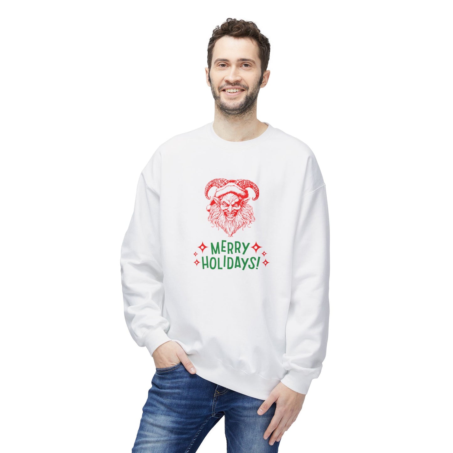 Smiling Krampus "Merry Holidays" Midweight Crewneck Sweatshirt | Cozy Fleece