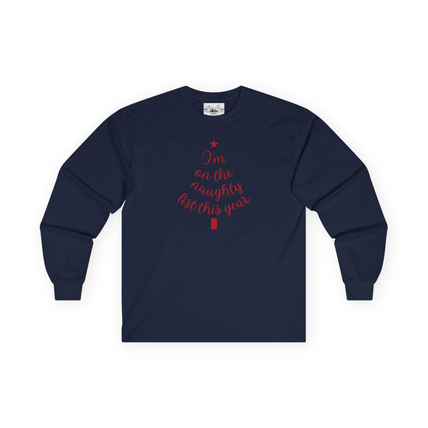 "I'm on the Naughty List This Year" Vintage Long Sleeve Tee | Cozy Tree Script