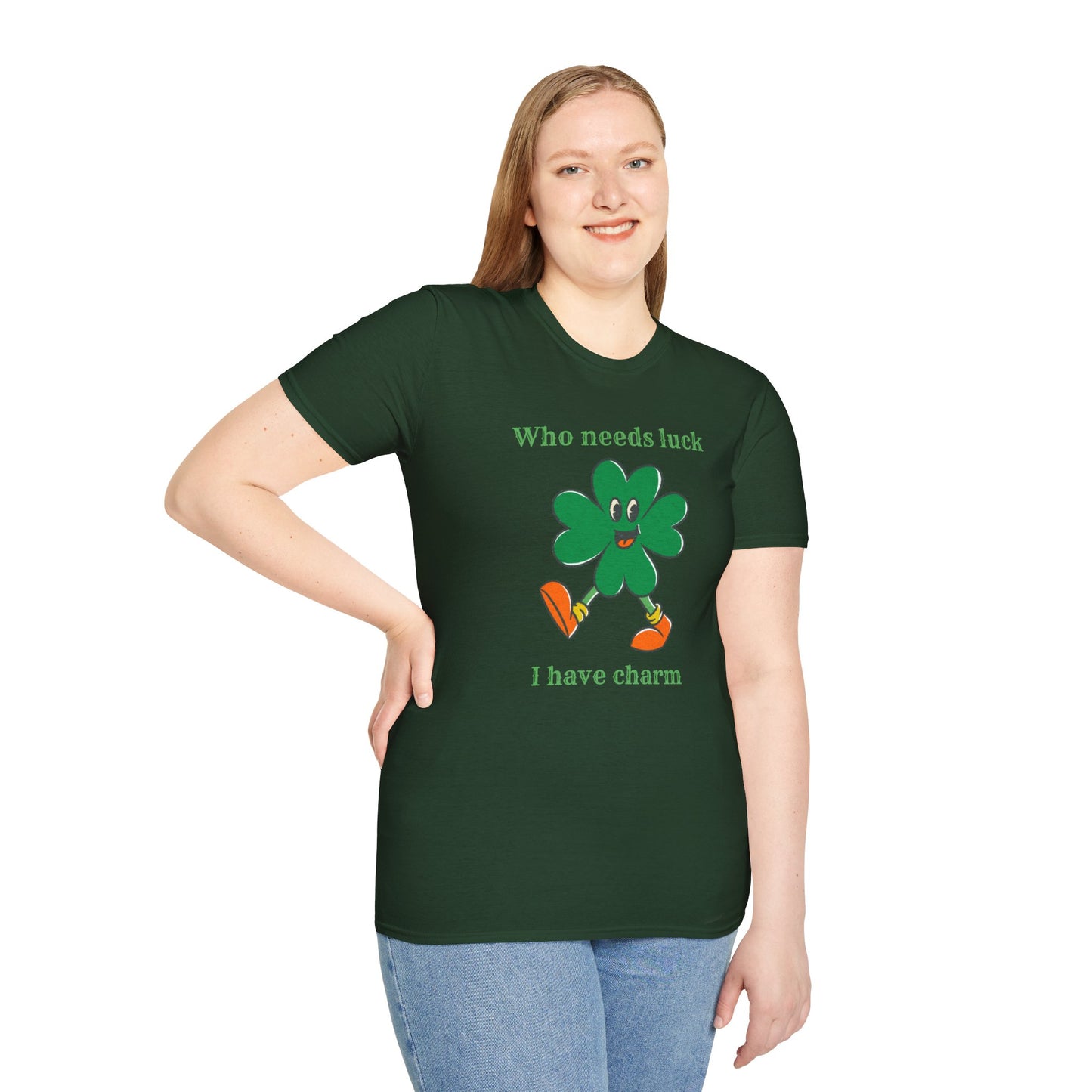 "Who Needs Luck" Graphic Tee – Cheerful Shamrock Character
