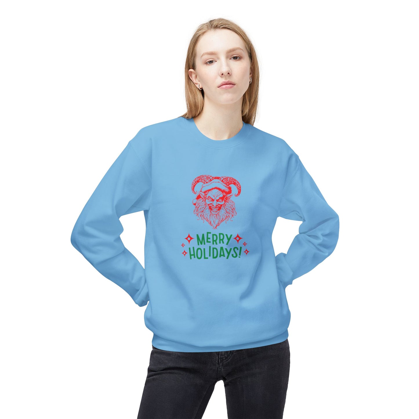 Smiling Krampus "Merry Holidays" Midweight Crewneck Sweatshirt | Cozy Fleece