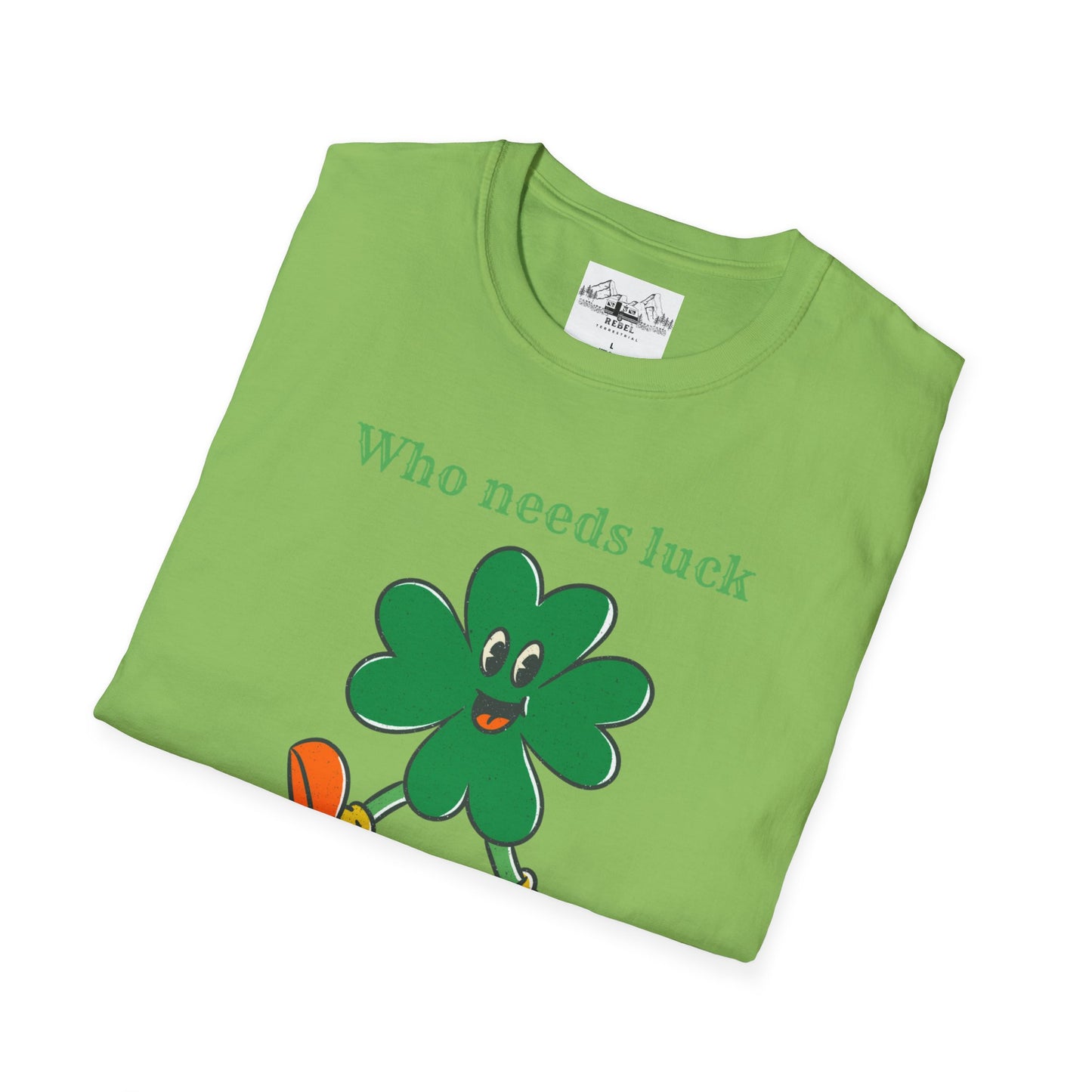 "Who Needs Luck" Graphic Tee – Cheerful Shamrock Character