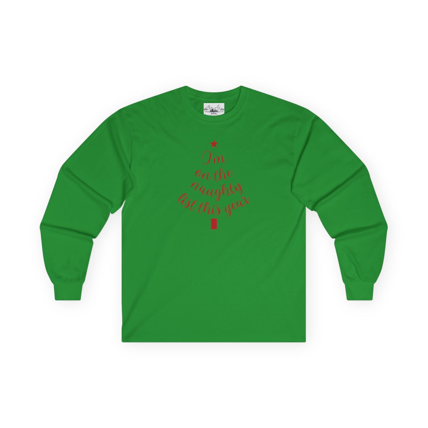"I'm on the Naughty List This Year" Vintage Long Sleeve Tee | Cozy Tree Script