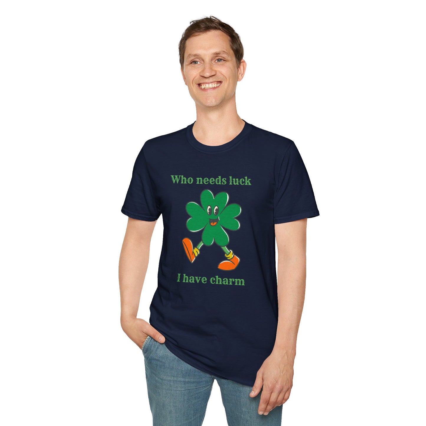 "Who Needs Luck" Graphic Tee – Cheerful Shamrock Character